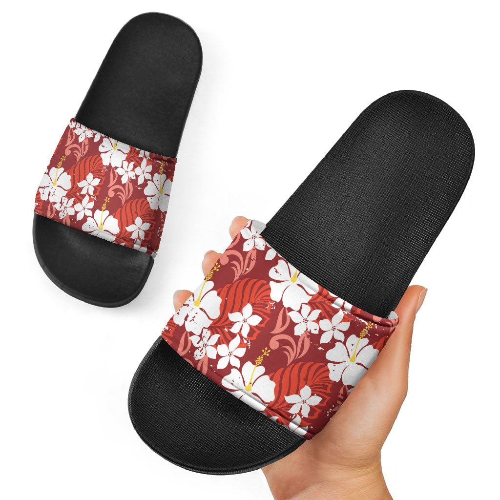 Red Hawaiian Hibiscus Monstera Slide Sandals Grunge Stylized