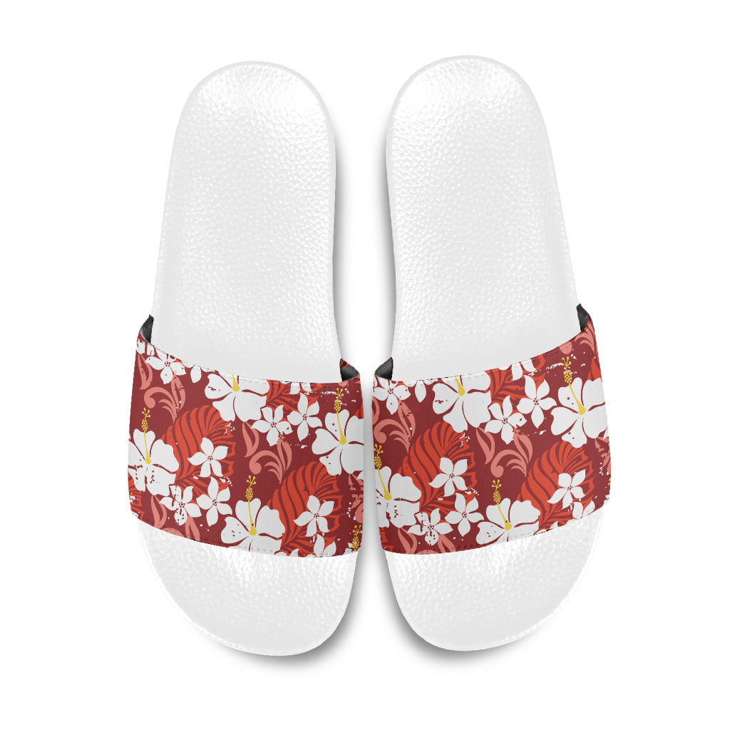 Red Hawaiian Hibiscus Monstera Slide Sandals Grunge Stylized