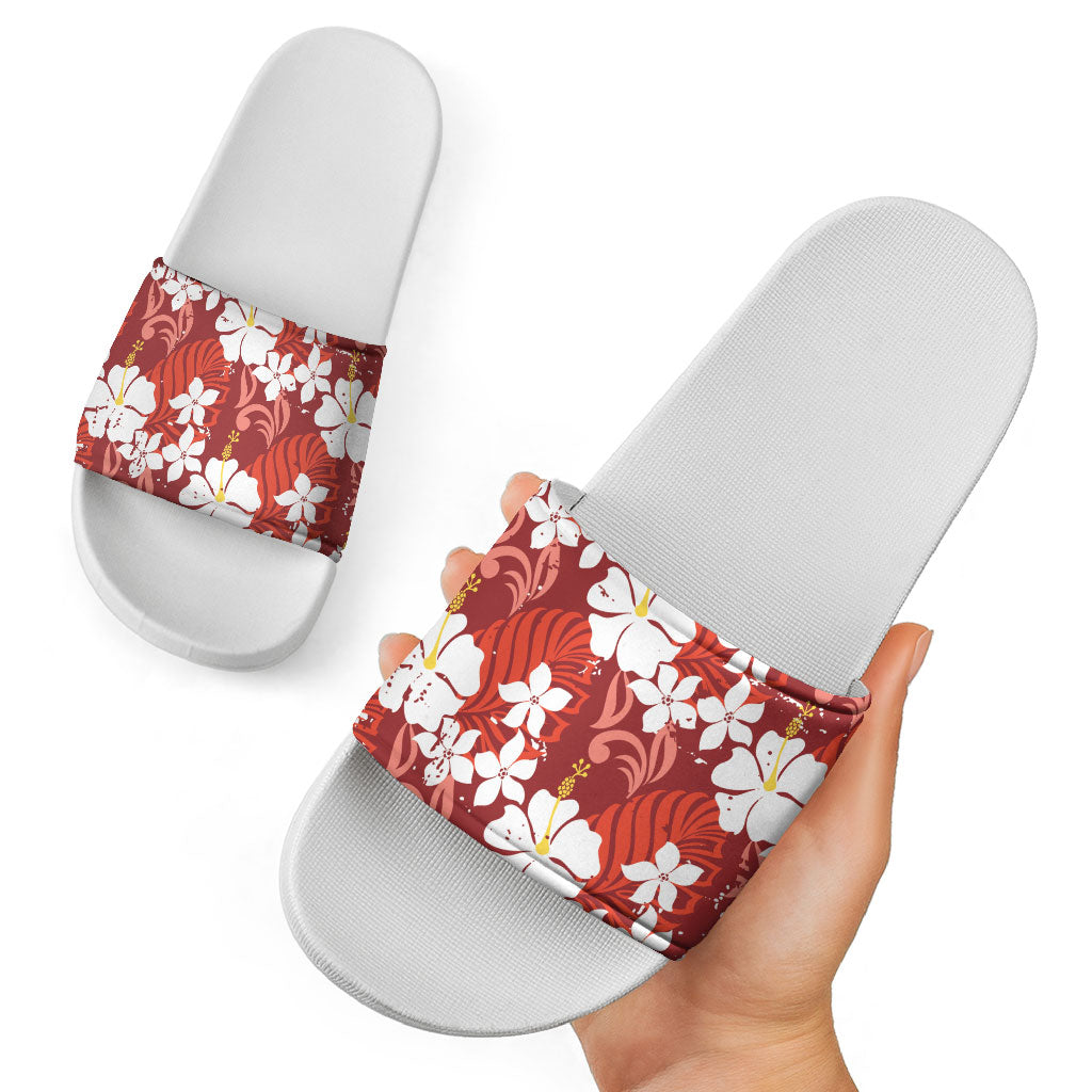 Red Hawaiian Hibiscus Monstera Slide Sandals Grunge Stylized