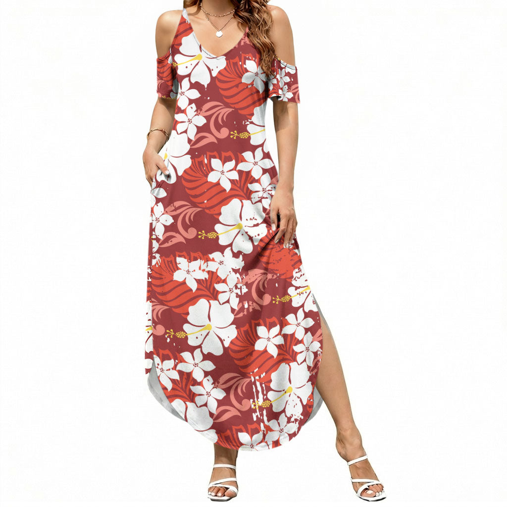Red Hawaiian Hibiscus Monstera Summer Maxi Dress Grunge Stylized LT01 Women Red - Polynesian Pride