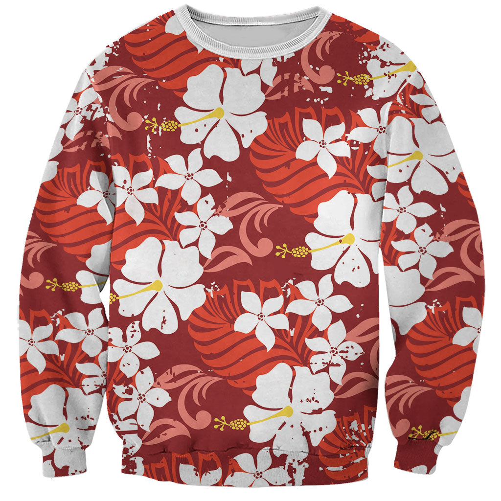 Red Hawaiian Hibiscus Monstera Sweatshirt Grunge Stylized LT01 Unisex Red - Polynesian Pride