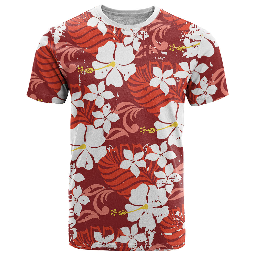 Red Hawaiian Hibiscus Monstera T Shirt Grunge Stylized