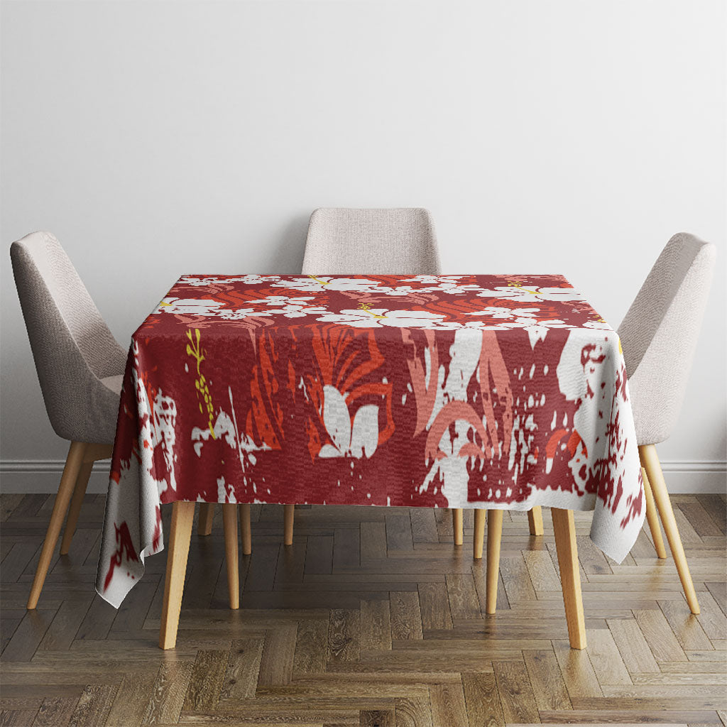 Red Hawaiian Hibiscus Monstera Tablecloth Grunge Stylized