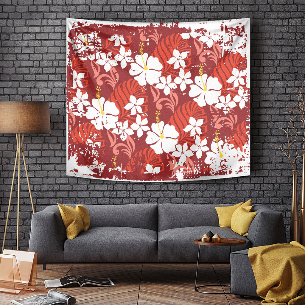 Red Hawaiian Hibiscus Monstera Tapestry Grunge Stylized