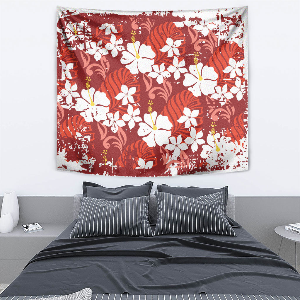 Red Hawaiian Hibiscus Monstera Tapestry Grunge Stylized