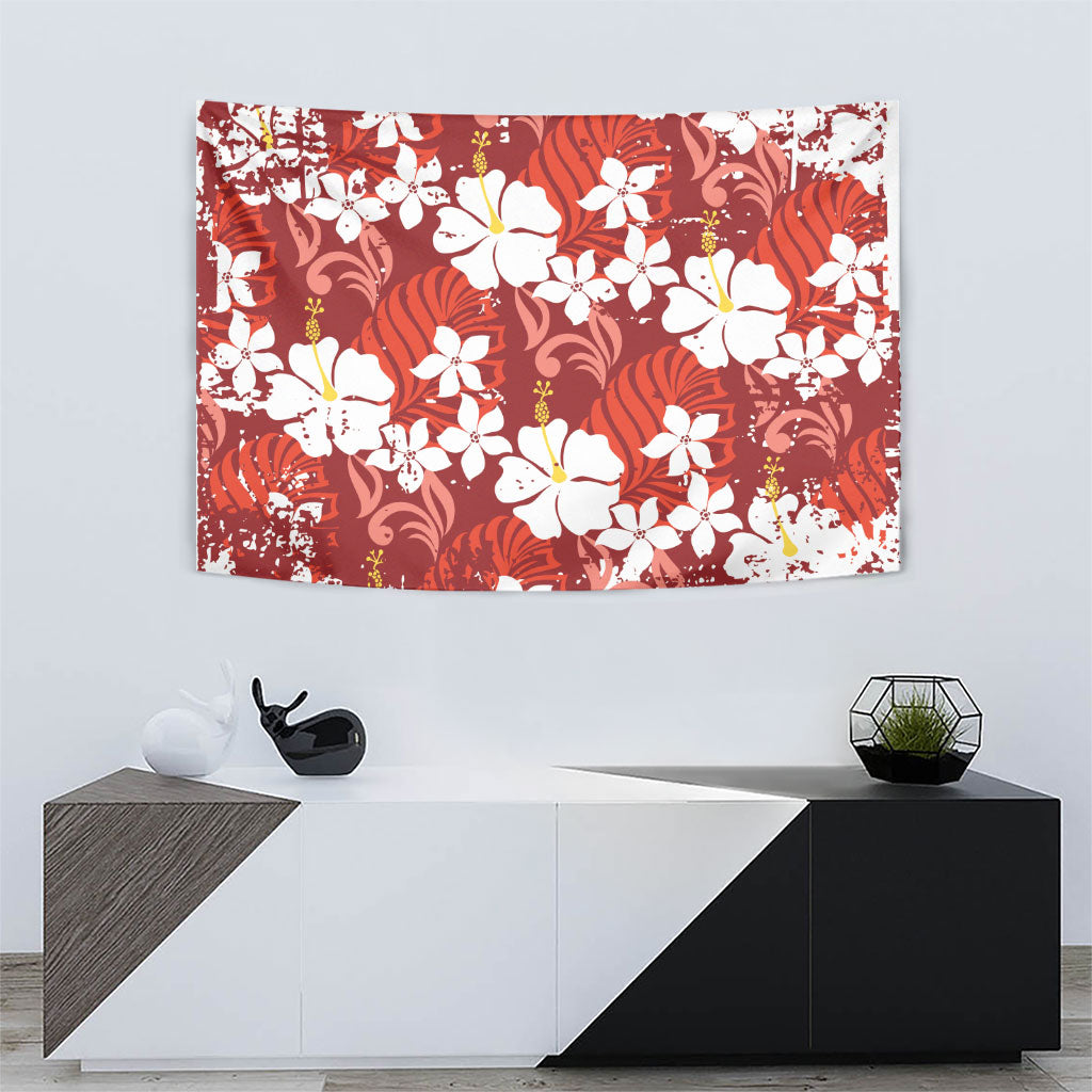 Red Hawaiian Hibiscus Monstera Tapestry Grunge Stylized