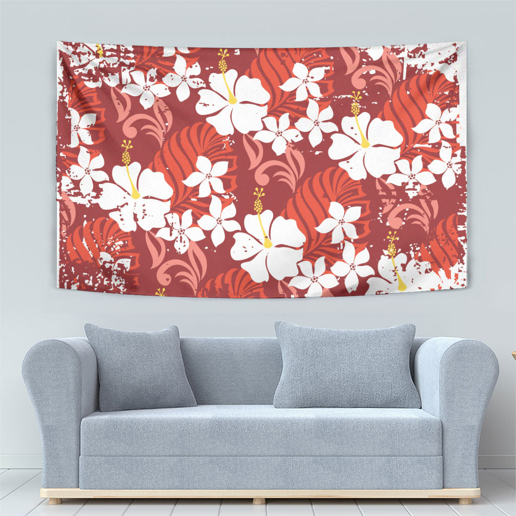 Red Hawaiian Hibiscus Monstera Tapestry Grunge Stylized