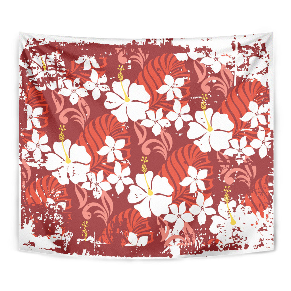 Red Hawaiian Hibiscus Monstera Tapestry Grunge Stylized