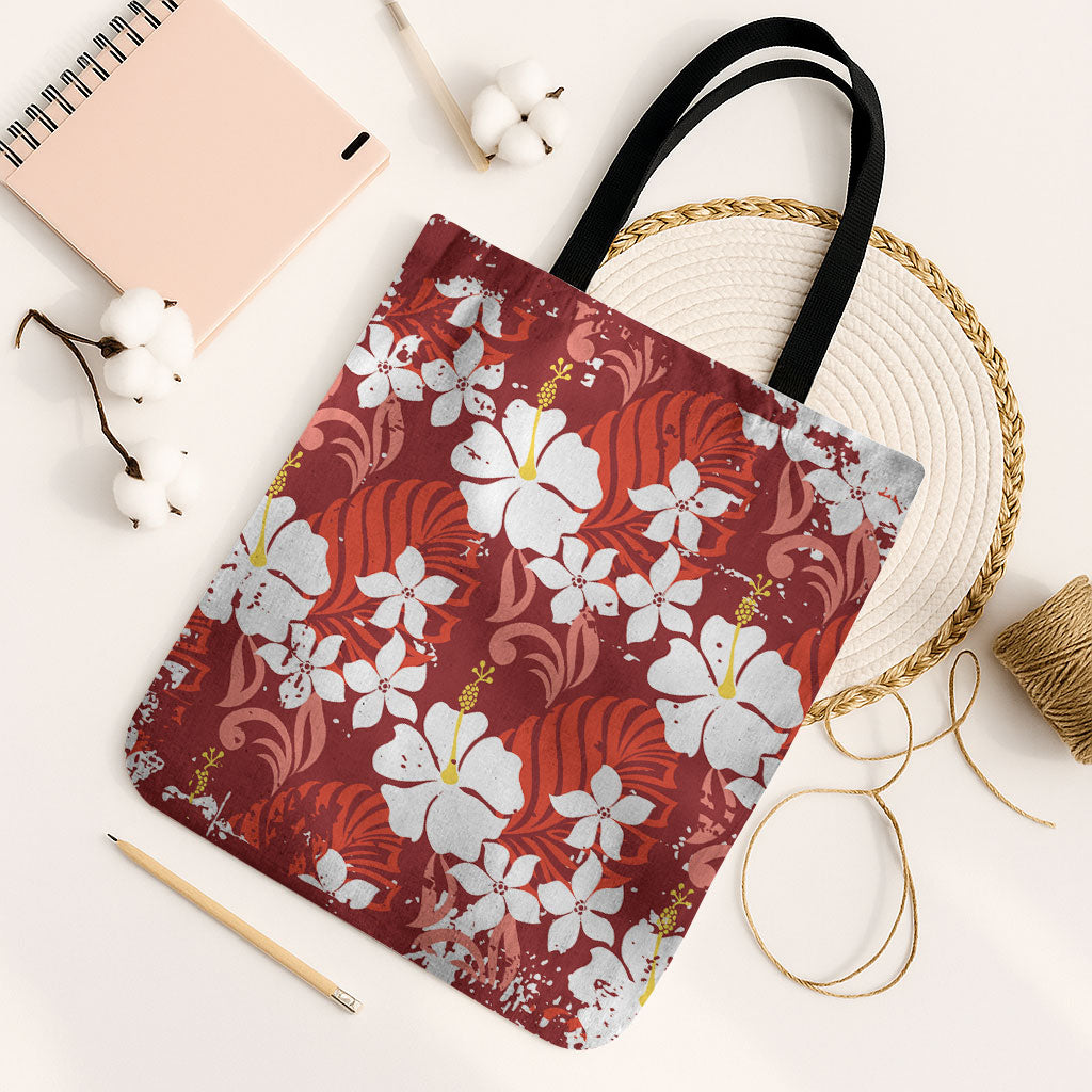 Red Hawaiian Hibiscus Monstera Tote Bag Grunge Stylized