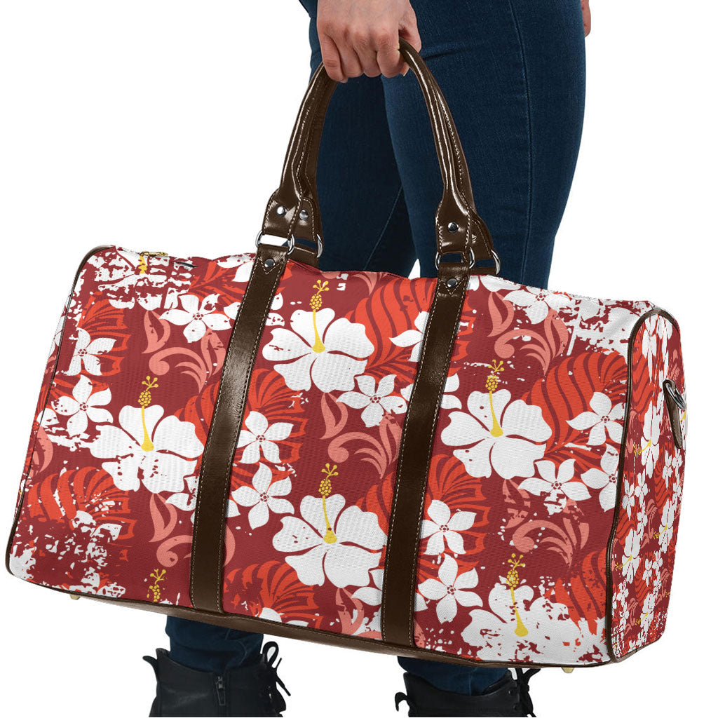 Red Hawaiian Hibiscus Monstera Travel Bag Grunge Stylized