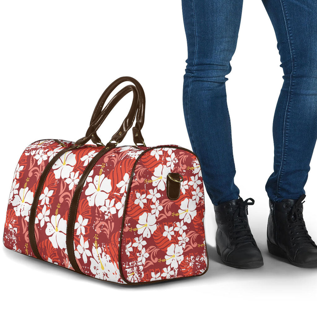 Red Hawaiian Hibiscus Monstera Travel Bag Grunge Stylized