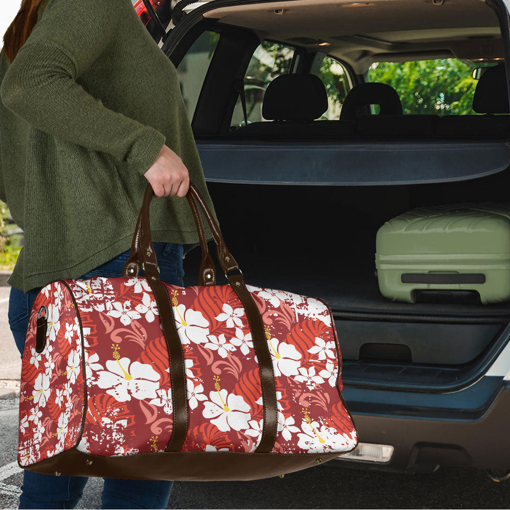 Red Hawaiian Hibiscus Monstera Travel Bag Grunge Stylized