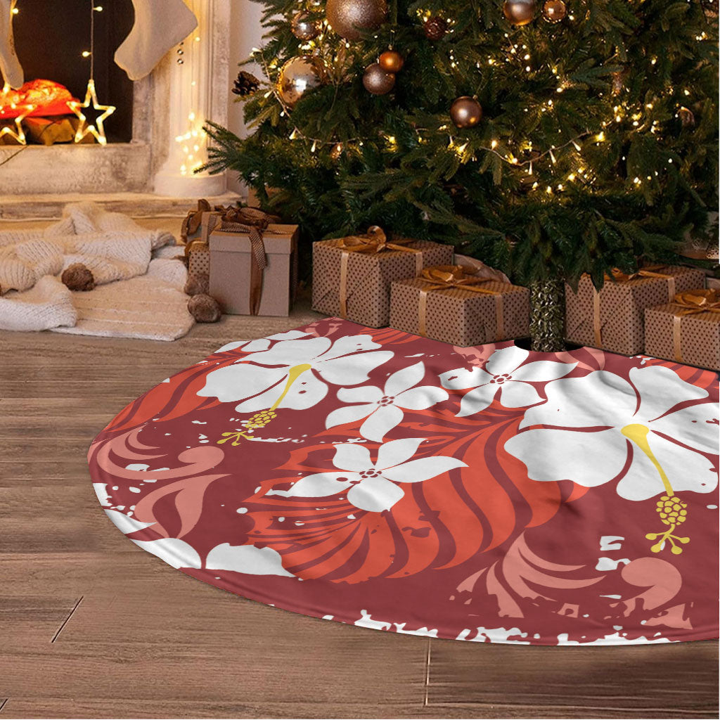 Red Hawaiian Hibiscus Monstera Tree Skirt Grunge Stylized LT01 - Polynesian Pride