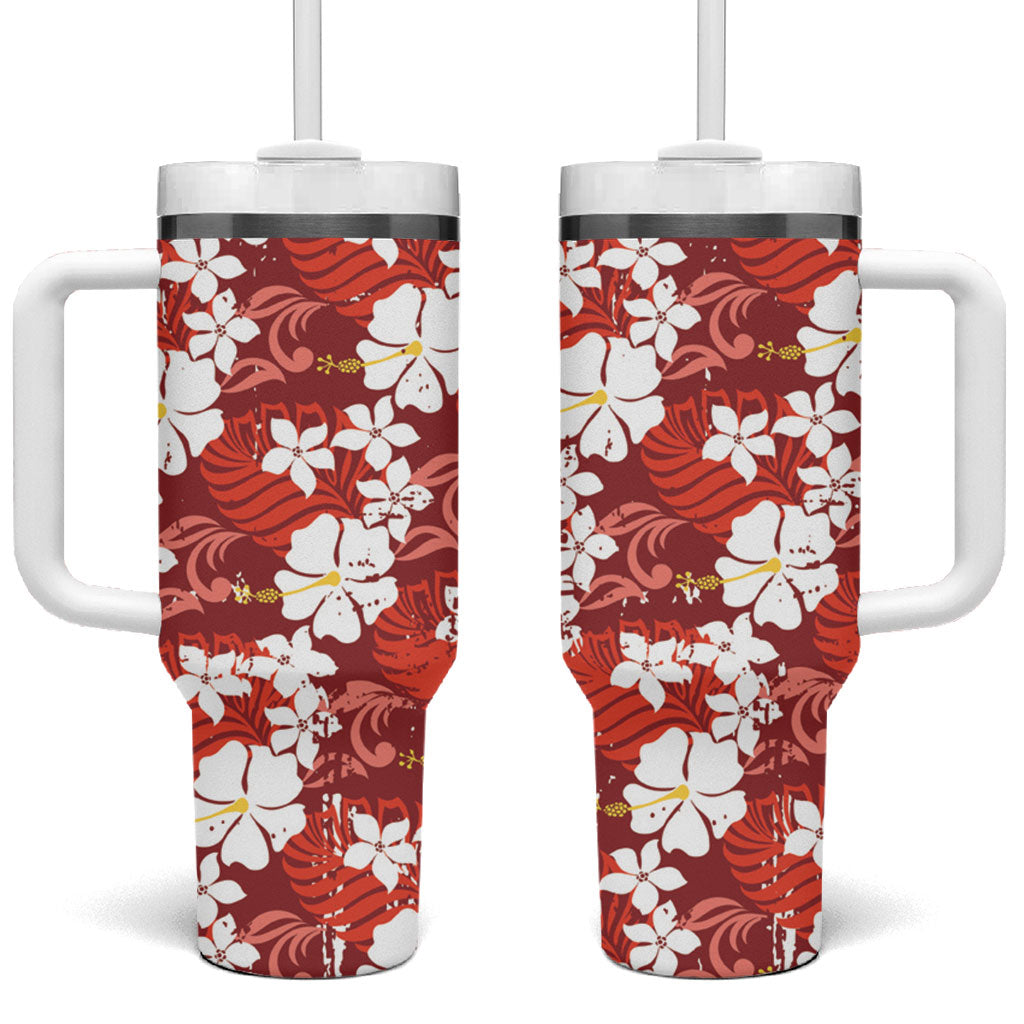 Red Hawaiian Hibiscus Monstera Tumbler With Handle Grunge Stylized