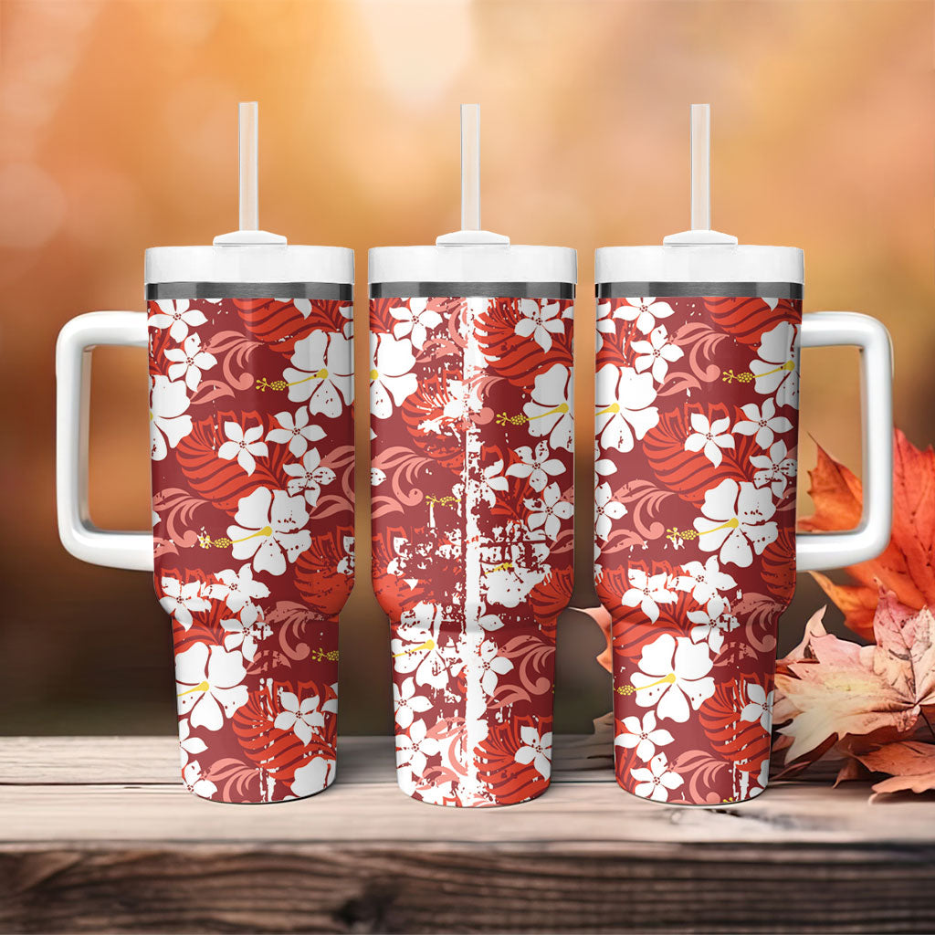 Red Hawaiian Hibiscus Monstera Tumbler With Handle Grunge Stylized