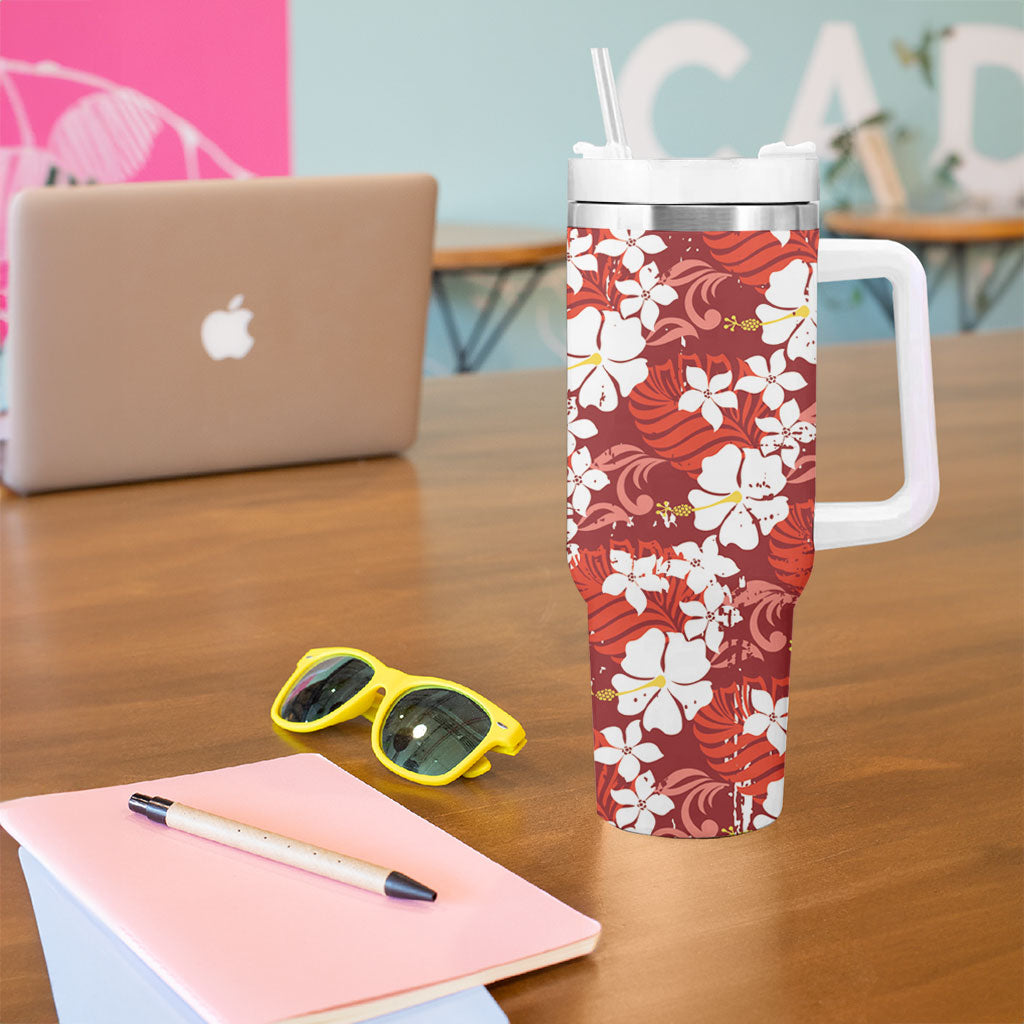 Red Hawaiian Hibiscus Monstera Tumbler With Handle Grunge Stylized