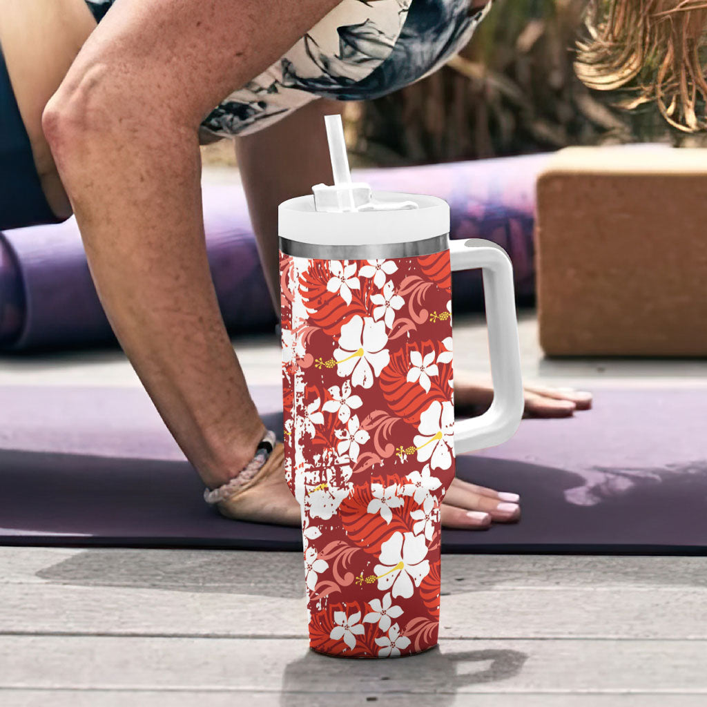 Red Hawaiian Hibiscus Monstera Tumbler With Handle Grunge Stylized