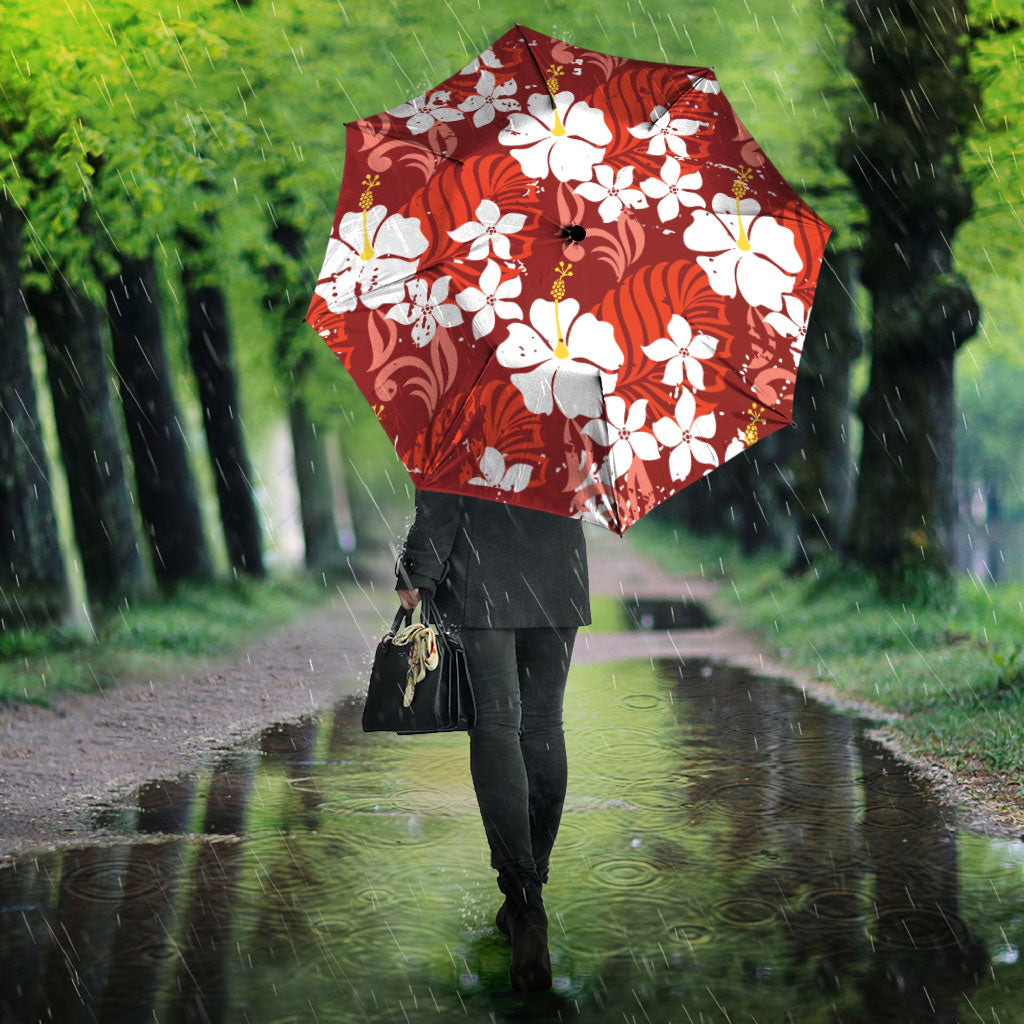 Red Hawaiian Hibiscus Monstera Umbrella Grunge Stylized LT01 - Polynesian Pride