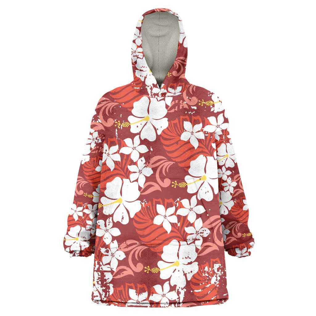 Red Hawaiian Hibiscus Monstera Wearable Blanket Hoodie Grunge Stylized LT01 One Size Red - Polynesian Pride