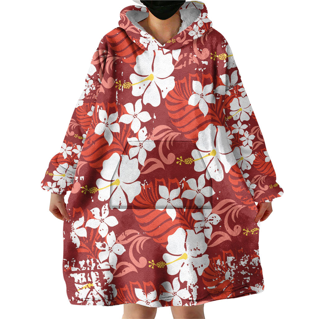 Red Hawaiian Hibiscus Monstera Wearable Blanket Hoodie Grunge Stylized LT01 - Polynesian Pride