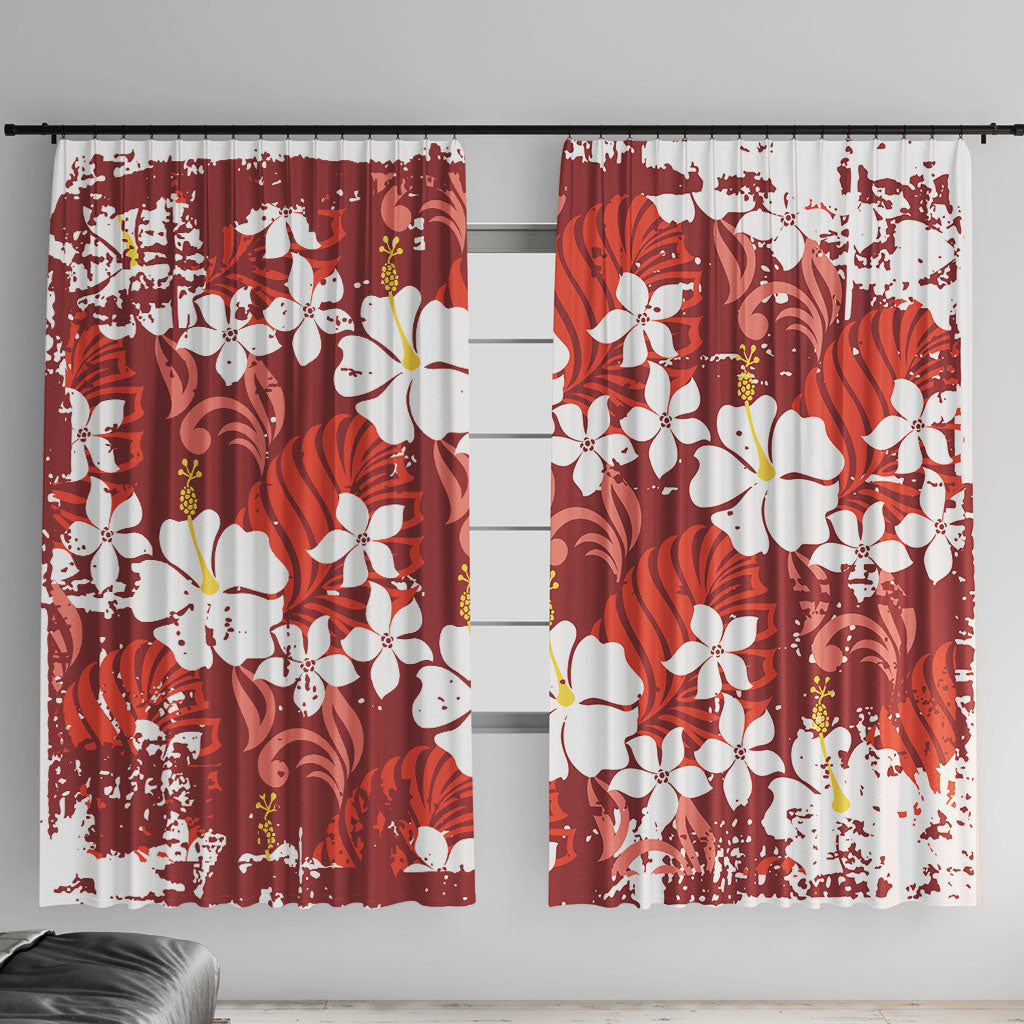 Red Hawaiian Hibiscus Monstera Window Curtain Grunge Stylized LT01 With Hooks Red - Polynesian Pride