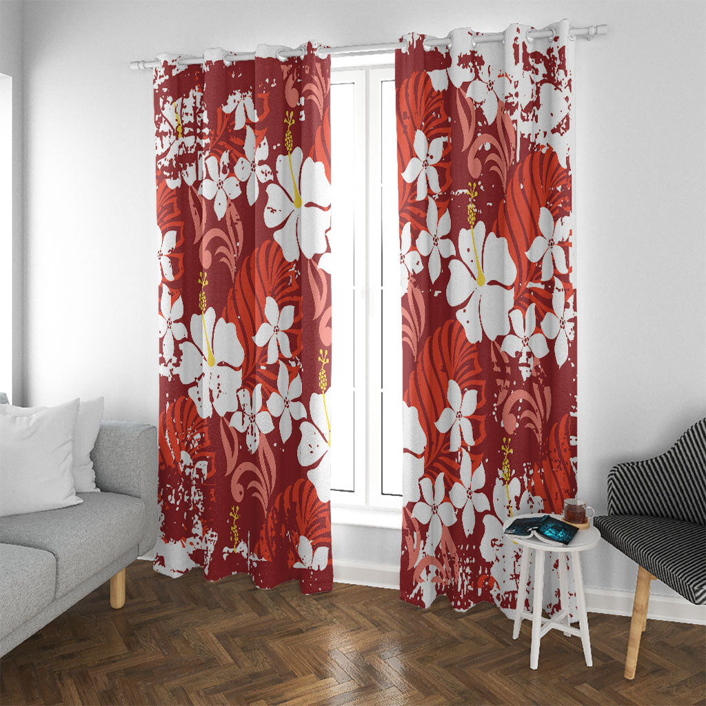 Red Hawaiian Hibiscus Monstera Window Curtain Grunge Stylized LT01 With Grommets Red - Polynesian Pride