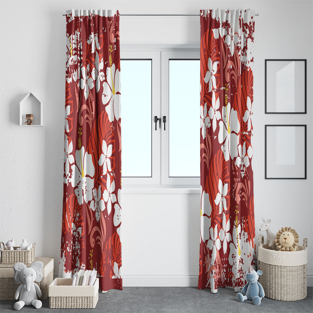 Red Hawaiian Hibiscus Monstera Window Curtain Grunge Stylized LT01 - Polynesian Pride