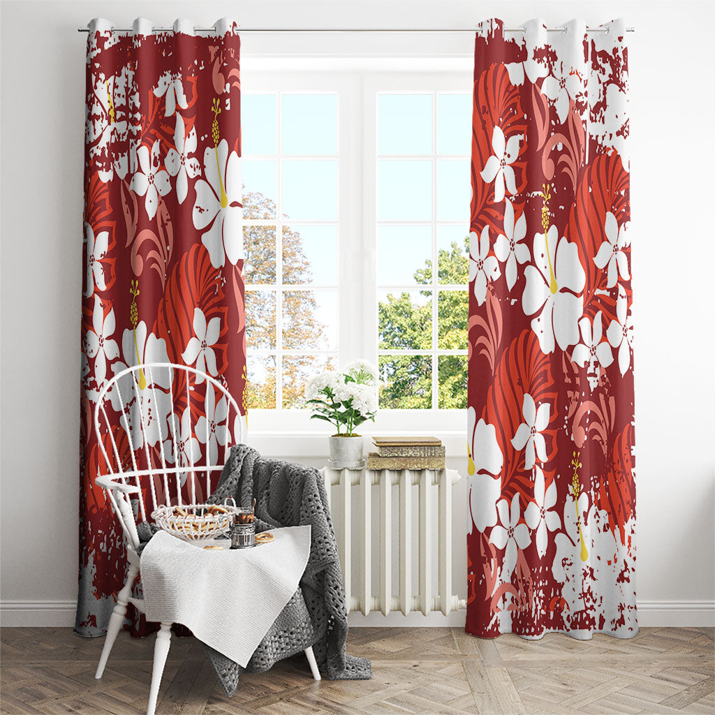 Red Hawaiian Hibiscus Monstera Window Curtain Grunge Stylized LT01 - Polynesian Pride