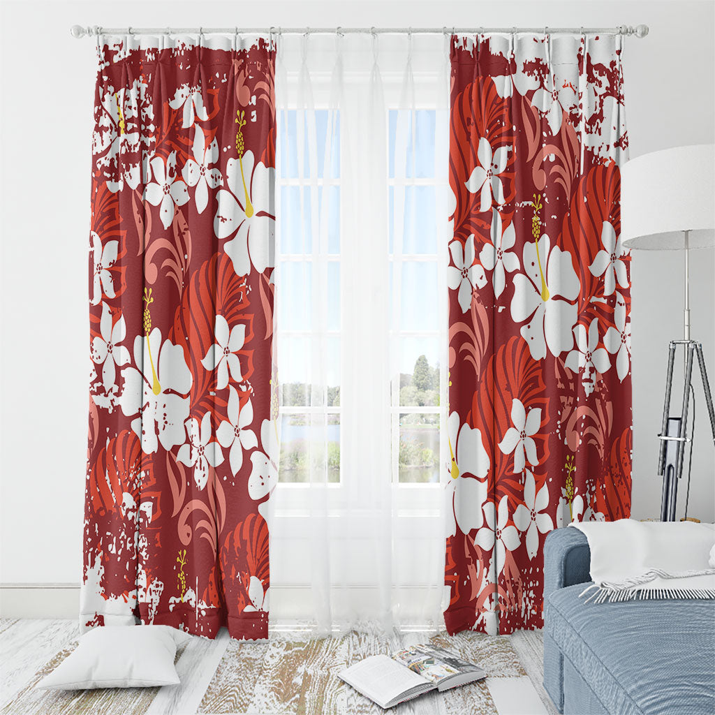 Red Hawaiian Hibiscus Monstera Window Curtain Grunge Stylized LT01 - Polynesian Pride