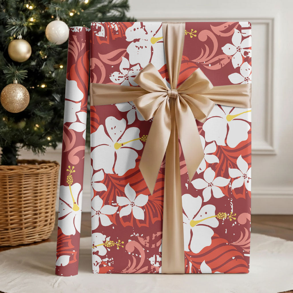 Red Hawaiian Hibiscus Monstera Wrapping Paper Grunge Stylized