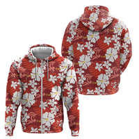 Red Hawaiian Hibiscus Monstera Zip Hoodie Grunge Stylized