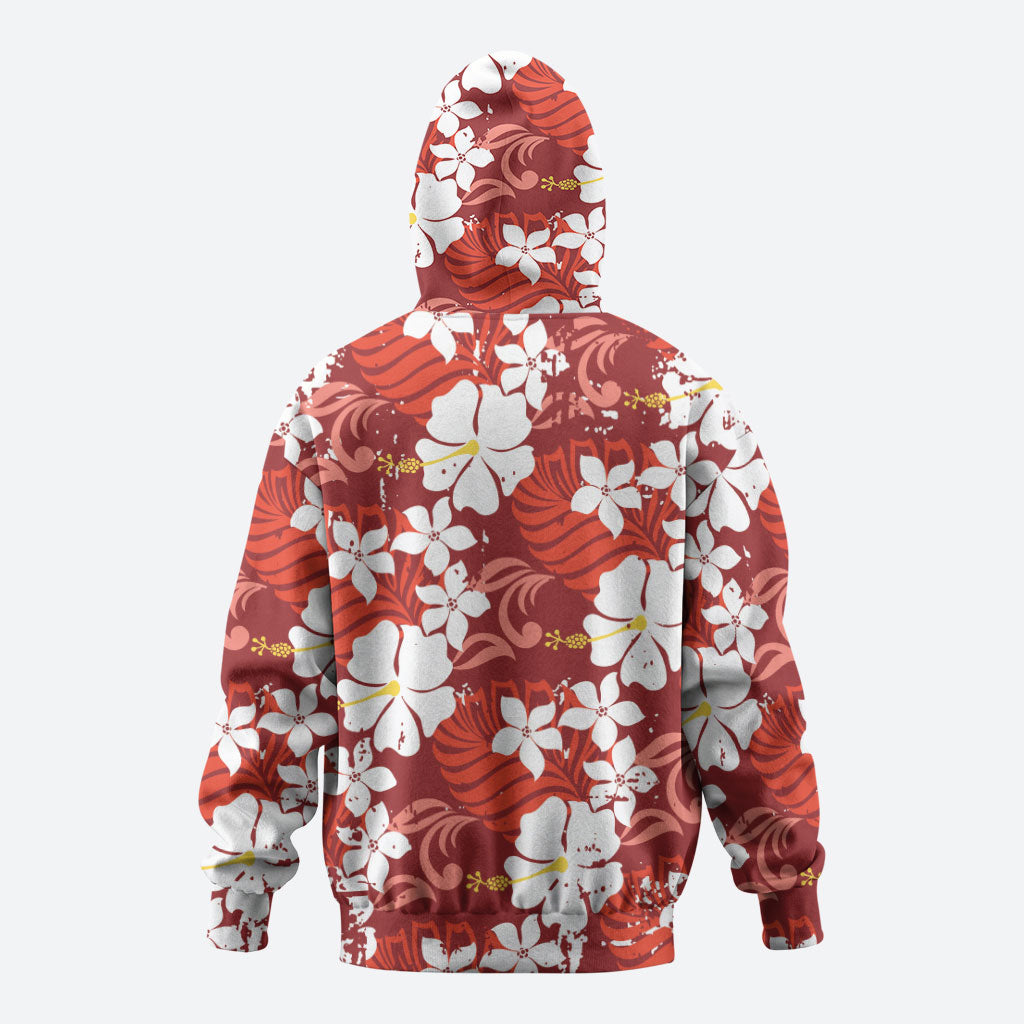 Red Hawaiian Hibiscus Monstera Zip Hoodie Grunge Stylized