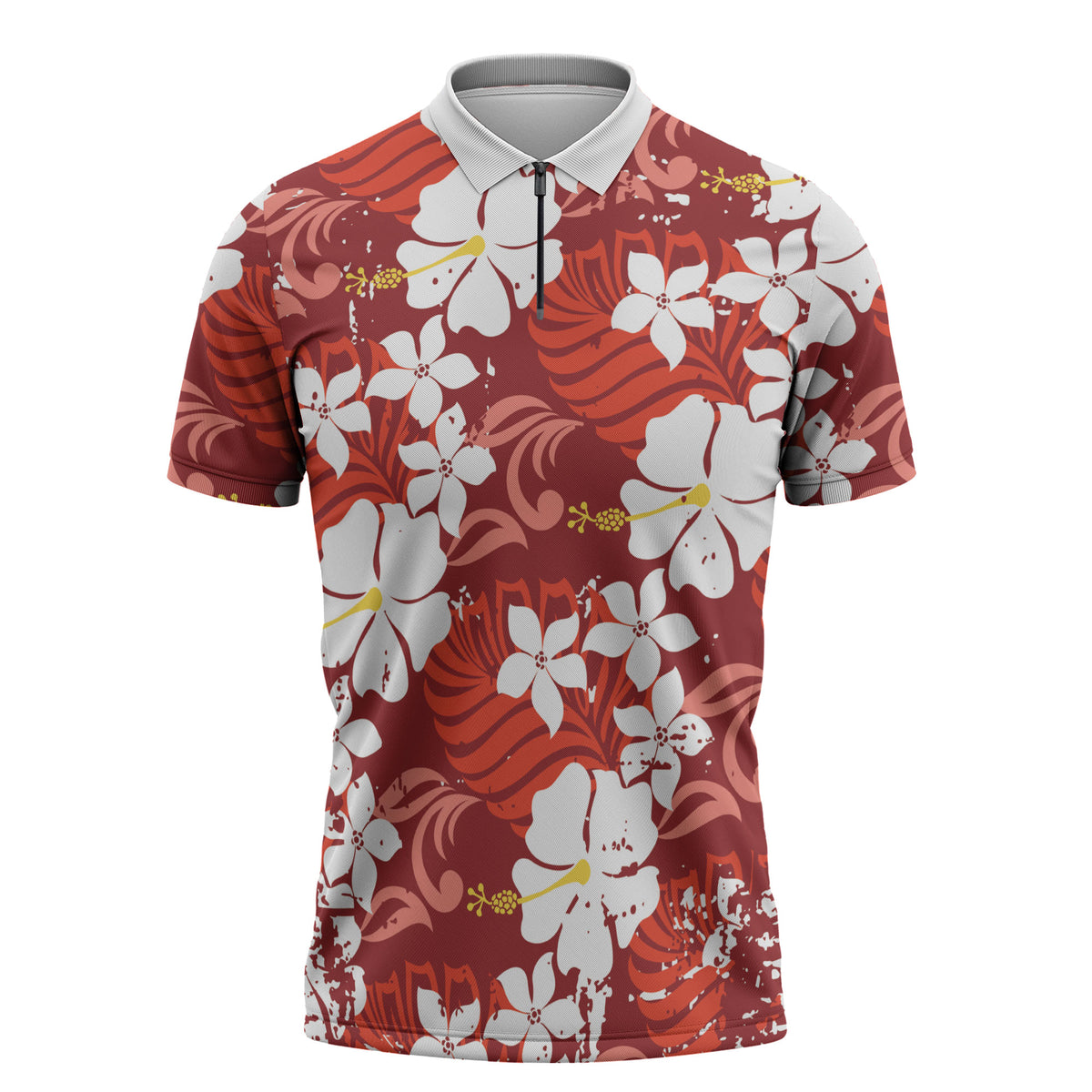 Red Hawaiian Hibiscus Monstera Zipper Polo Shirt Grunge Stylized