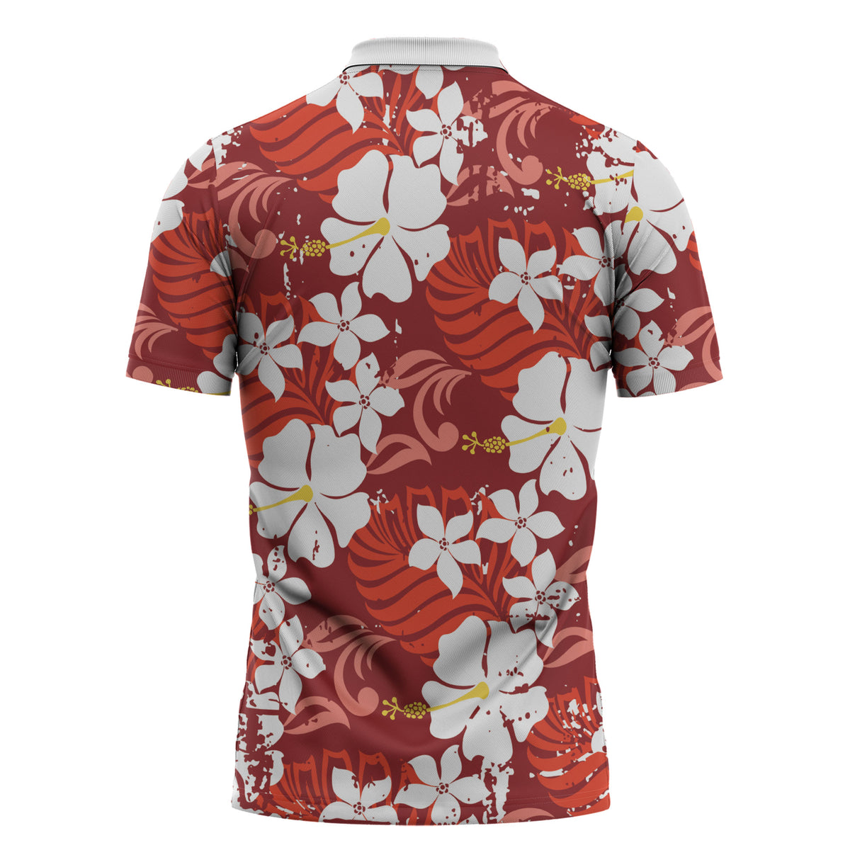 Red Hawaiian Hibiscus Monstera Zipper Polo Shirt Grunge Stylized
