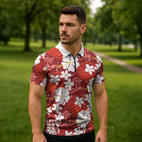 Red Hawaiian Hibiscus Monstera Zipper Polo Shirt Grunge Stylized