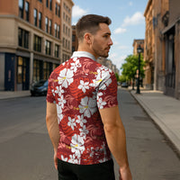 Red Hawaiian Hibiscus Monstera Zipper Polo Shirt Grunge Stylized