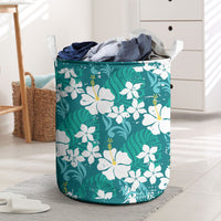 Teal Hawaiian Hibiscus Monstera Laundry Basket Grunge Stylized