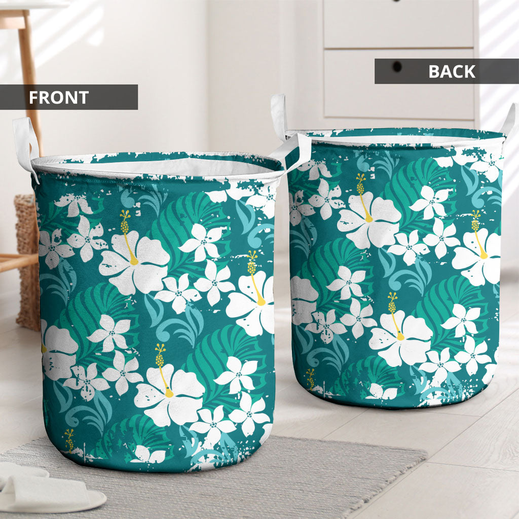 Teal Hawaiian Hibiscus Monstera Laundry Basket Grunge Stylized