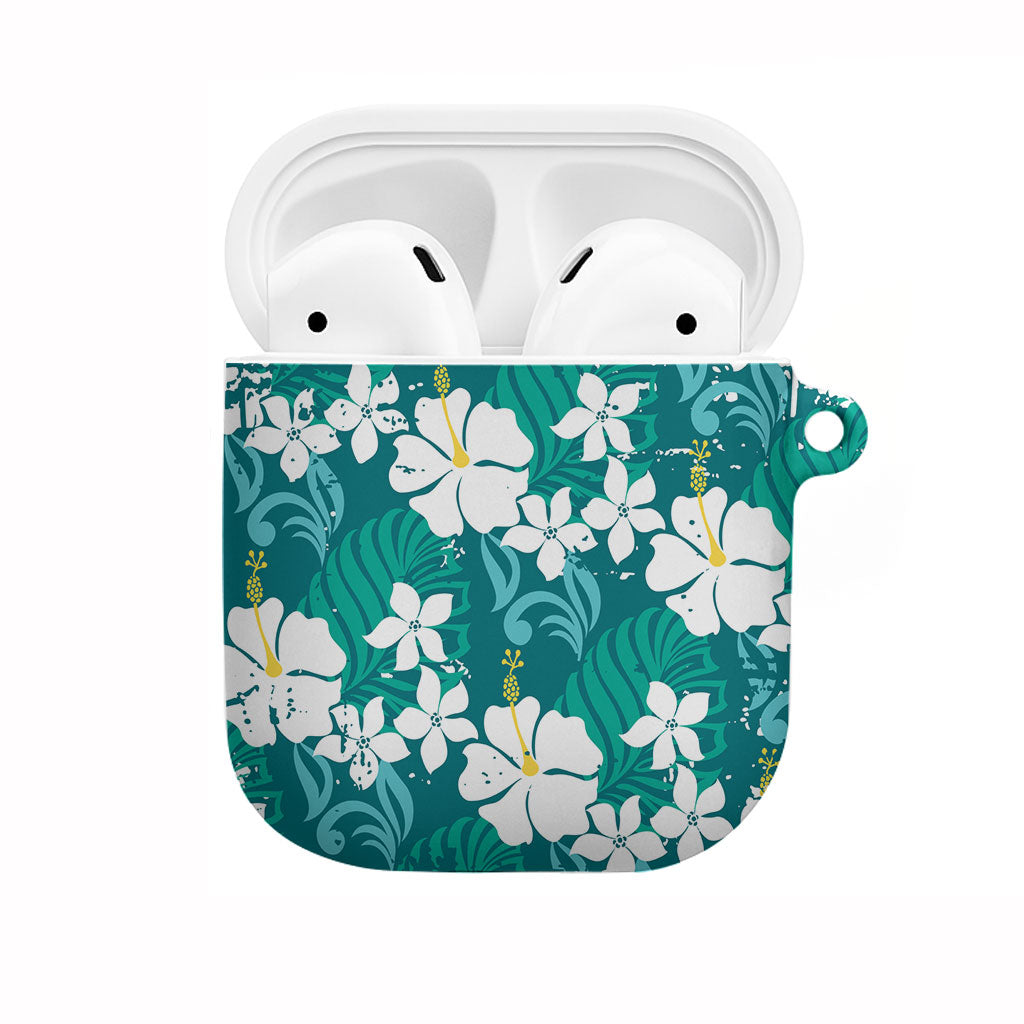 Teal Hawaiian Hibiscus Monstera AirPods Case Grunge Stylized LT01 Teal - Polynesian Pride