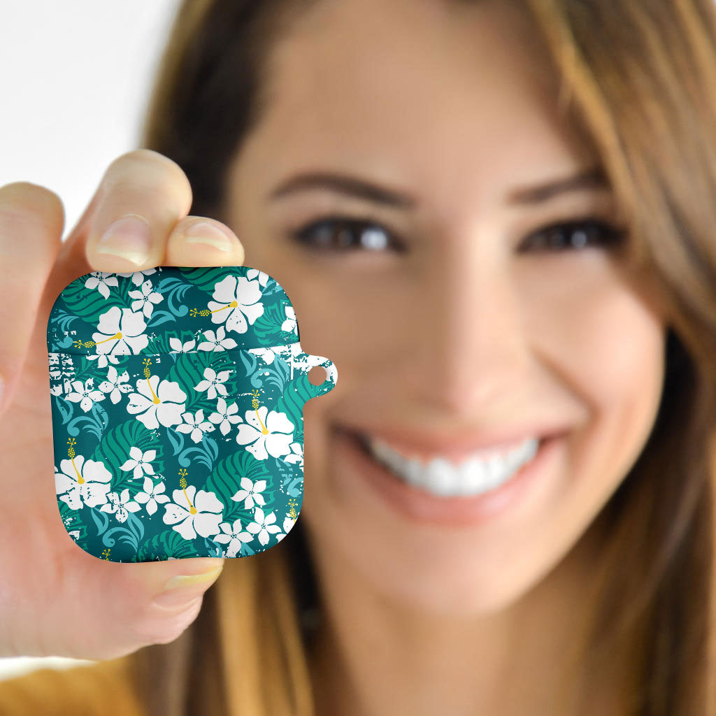 Teal Hawaiian Hibiscus Monstera AirPods Case Grunge Stylized LT01 - Polynesian Pride