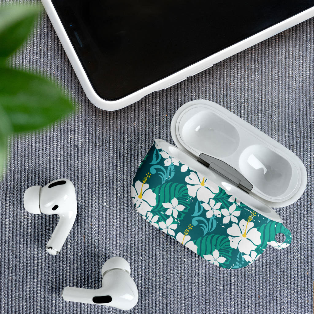 Teal Hawaiian Hibiscus Monstera AirPods Case Grunge Stylized LT01 - Polynesian Pride
