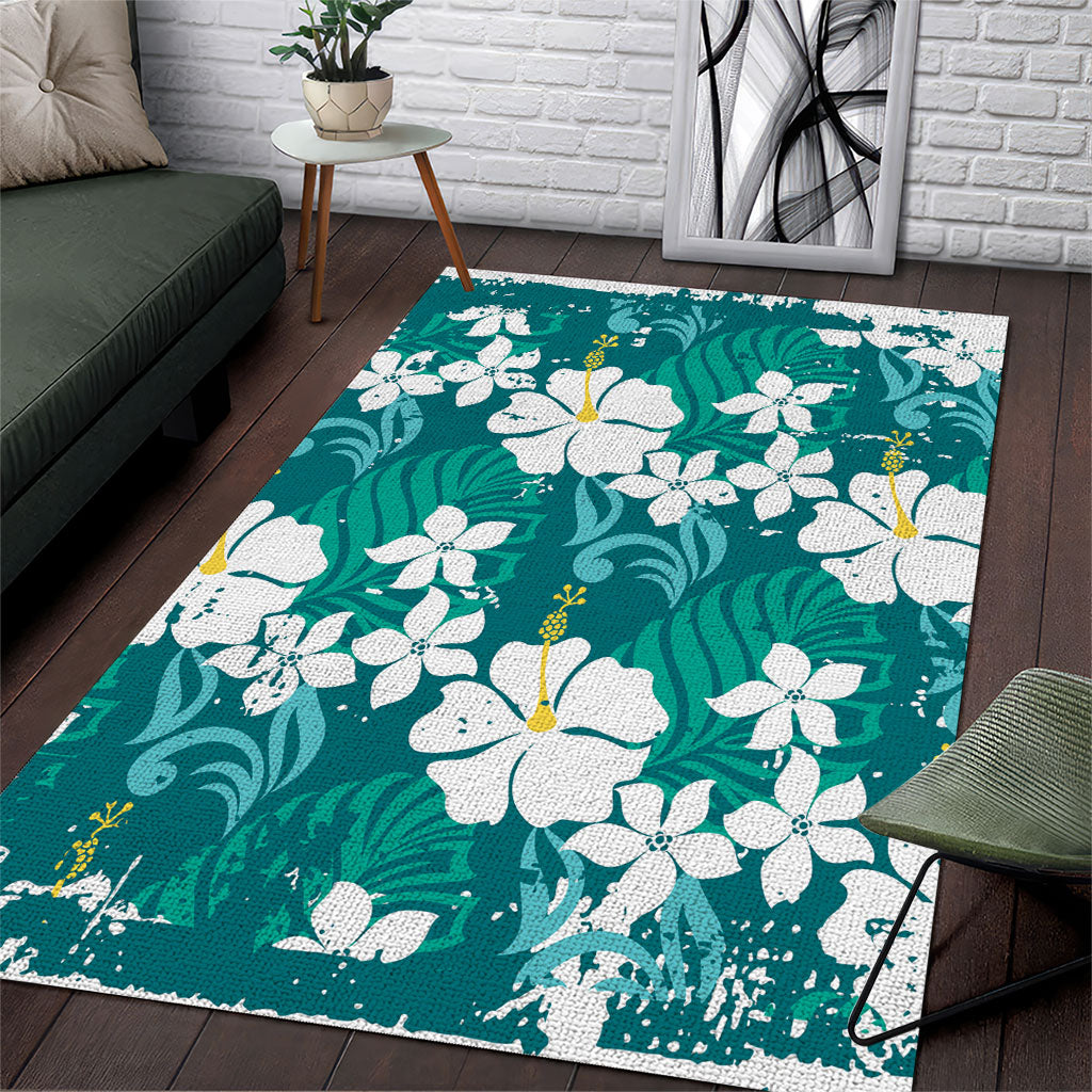 Teal Hawaiian Hibiscus Monstera Area Rug Grunge Stylized