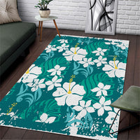 Teal Hawaiian Hibiscus Monstera Area Rug Grunge Stylized