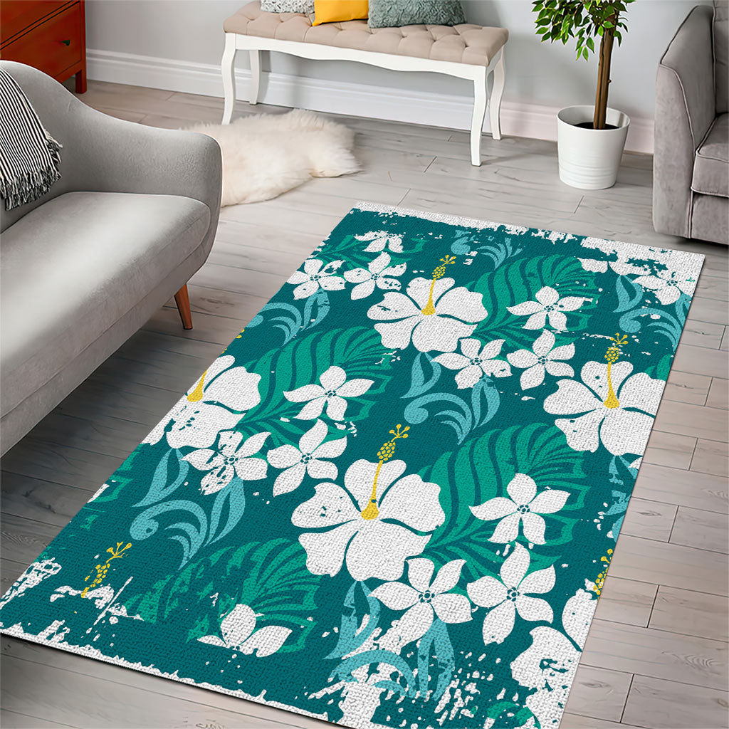 Teal Hawaiian Hibiscus Monstera Area Rug Grunge Stylized