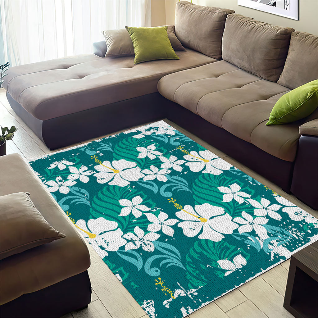 Teal Hawaiian Hibiscus Monstera Area Rug Grunge Stylized