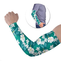 Teal Hawaiian Hibiscus Monstera Arm Sleeves Grunge Stylized LT01 Set of 2 Teal - Polynesian Pride