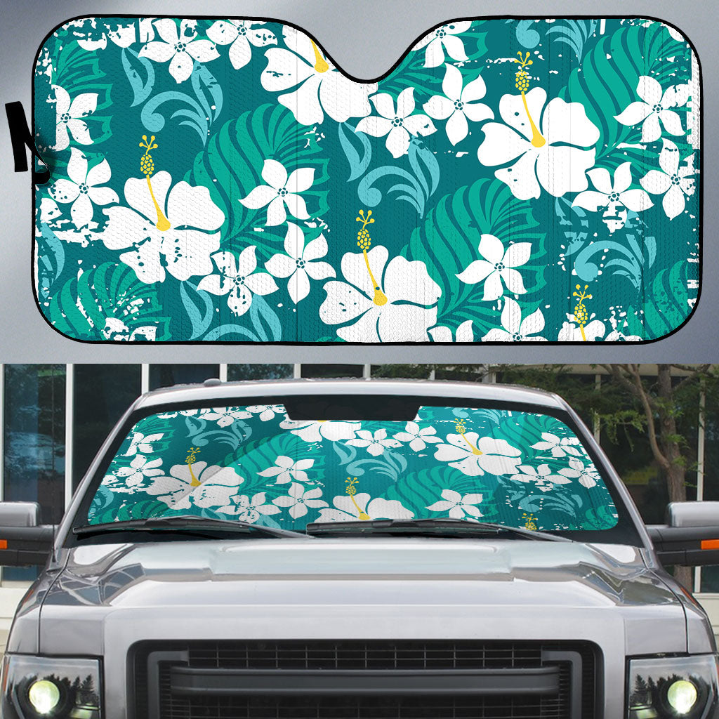 Teal Hawaiian Hibiscus Monstera Auto Sun Shade Grunge Stylized