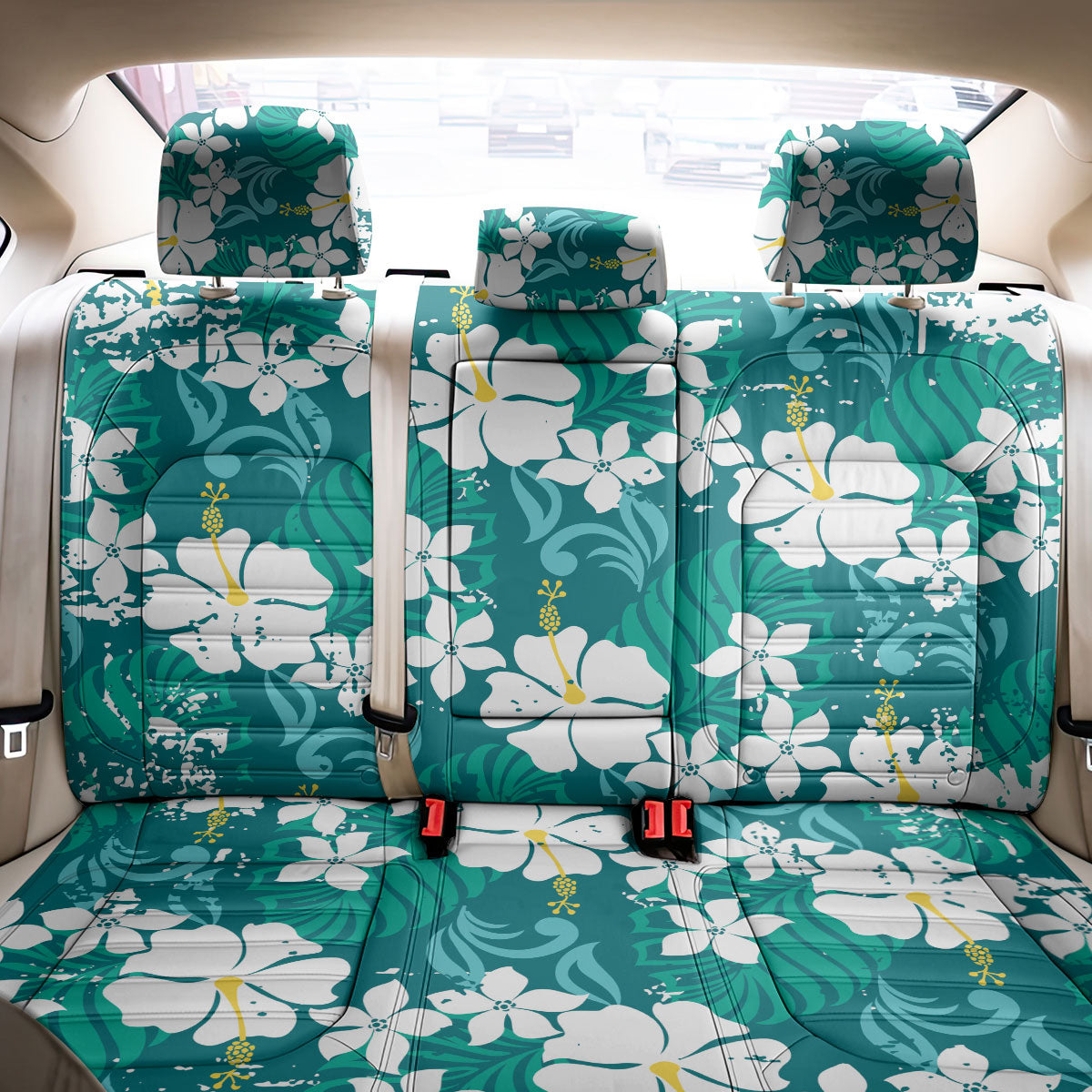 Teal Hawaiian Hibiscus Monstera Back Car Seat Cover Grunge Stylized LT01 - Polynesian Pride