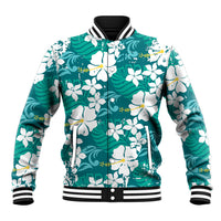 Teal Hawaiian Hibiscus Monstera Baseball Jacket Grunge Stylized