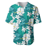 Teal Hawaiian Hibiscus Monstera Baseball Jersey Grunge Stylized